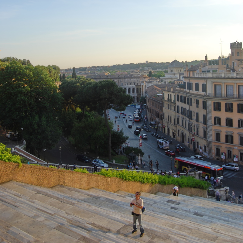 The view from the Scalinata dell'Ara Coeli leading up toward the Capitoline Hill in Rome, Italy